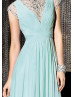 Chiffon Beaded Neckline Cap Sleeves Long Prom Dress 